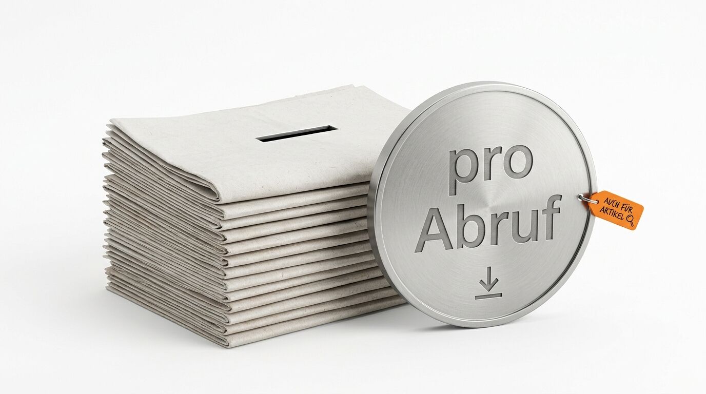 Stapel gefaltetes Papier mit Schlitz neben Münze „pro Abruf“ und kleinem Etikett