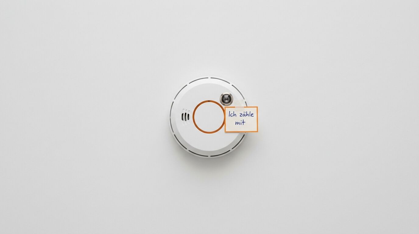 Rauchmelder mit Notiz „Ich zähle mit“ auf grauem Grund