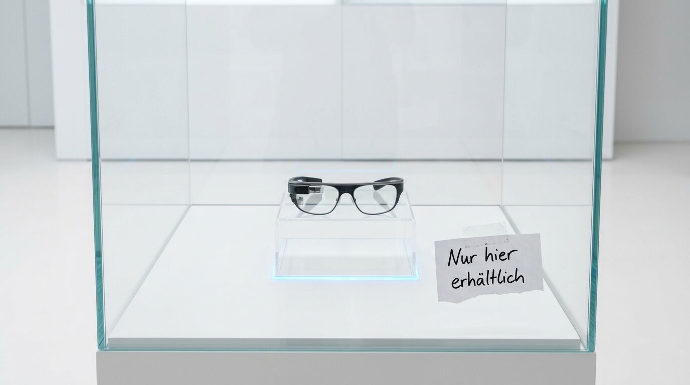 Google Glass in Vitrine mit handschriftlichem Zettel „Nur hier erhältlich“