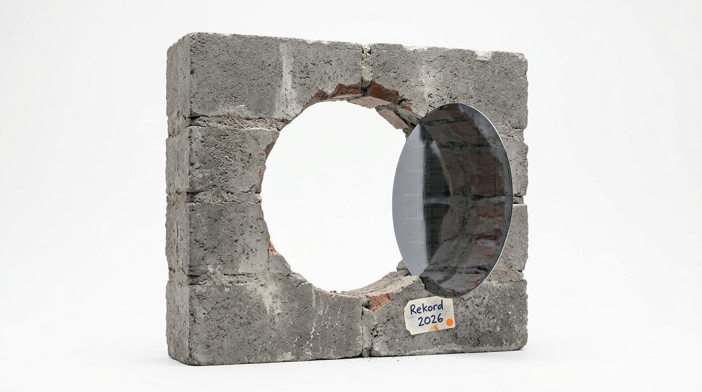 Betonblock mit Durchbruch und Silizium-Wafer, unten rechts handgeschriebener Text „Rekord 2026“