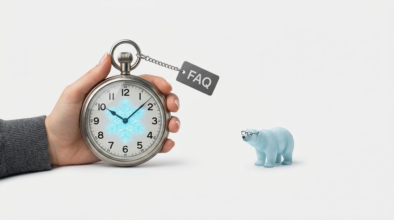 Hand hält Taschenuhr mit Schneeflocke und FAQ-Schild, daneben kleiner Eisbär mit Brille