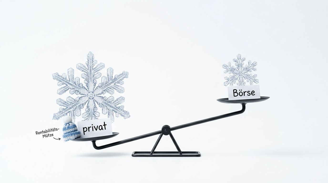 Eine Waage mit großen und kleinen Schneeflocken, Beschriftungen „privat“, „Börse“ und „Rentabilitäts-Mütze“