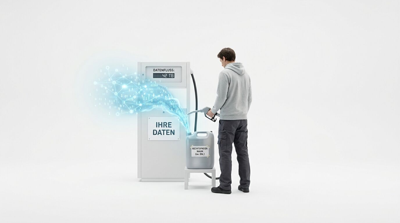 Mann an Zapfsäule füllt symbolischen Datenstrom in einen Kanister, alles vor weißem Grund