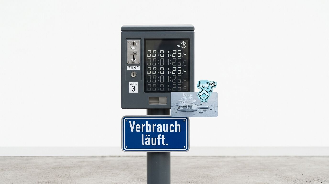 Grauer Parkautomat mit digitaler Zeitanzeige und blauem Schild mit weißer Schrift „Verbrauch läuft.“