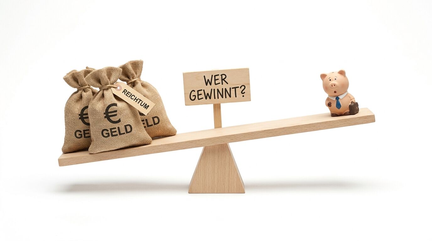Geldbeutel und Sparschwein-Figur auf Wippe, Fragezeichen, weißer Hintergrund