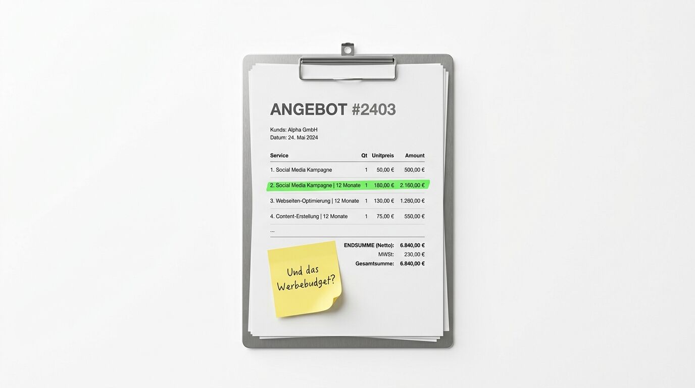Angebot auf Klemmbrett mit Leistungen, Preisen und Post-it-Notiz "Und das Werbebudget?"