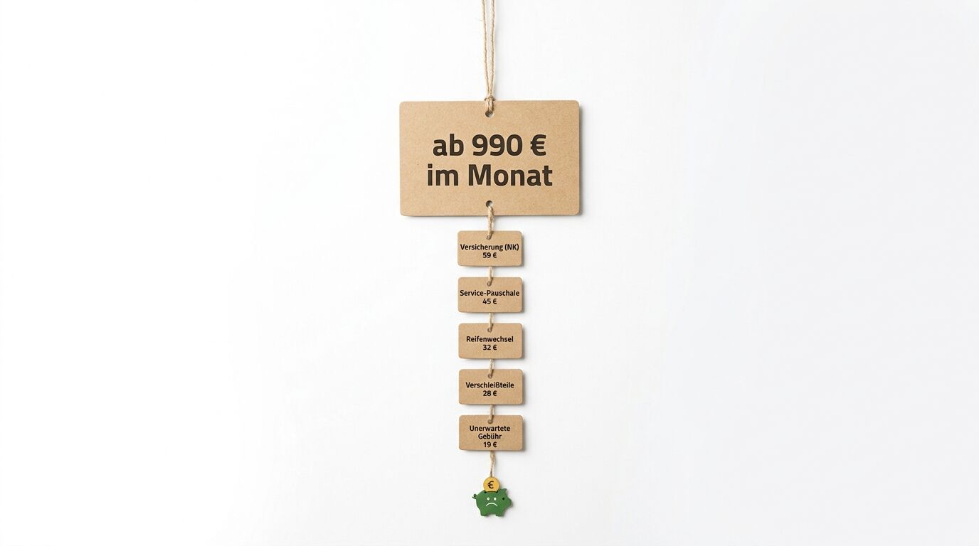Holzschild mit Preisabbau ab 990€/Monat und aufgelisteten Kostenpositionen wie Versicherung, Service und Reifen