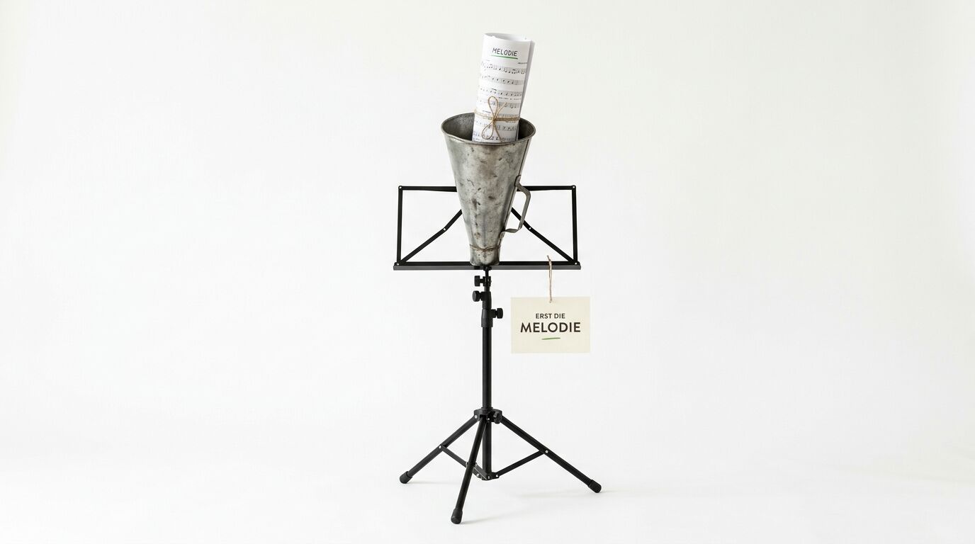 Ein Notenständer mit Metallbecher, der ein Notenblatt mit "MELODIE" hält, und ein Schild "ERST DIE MELODIE"