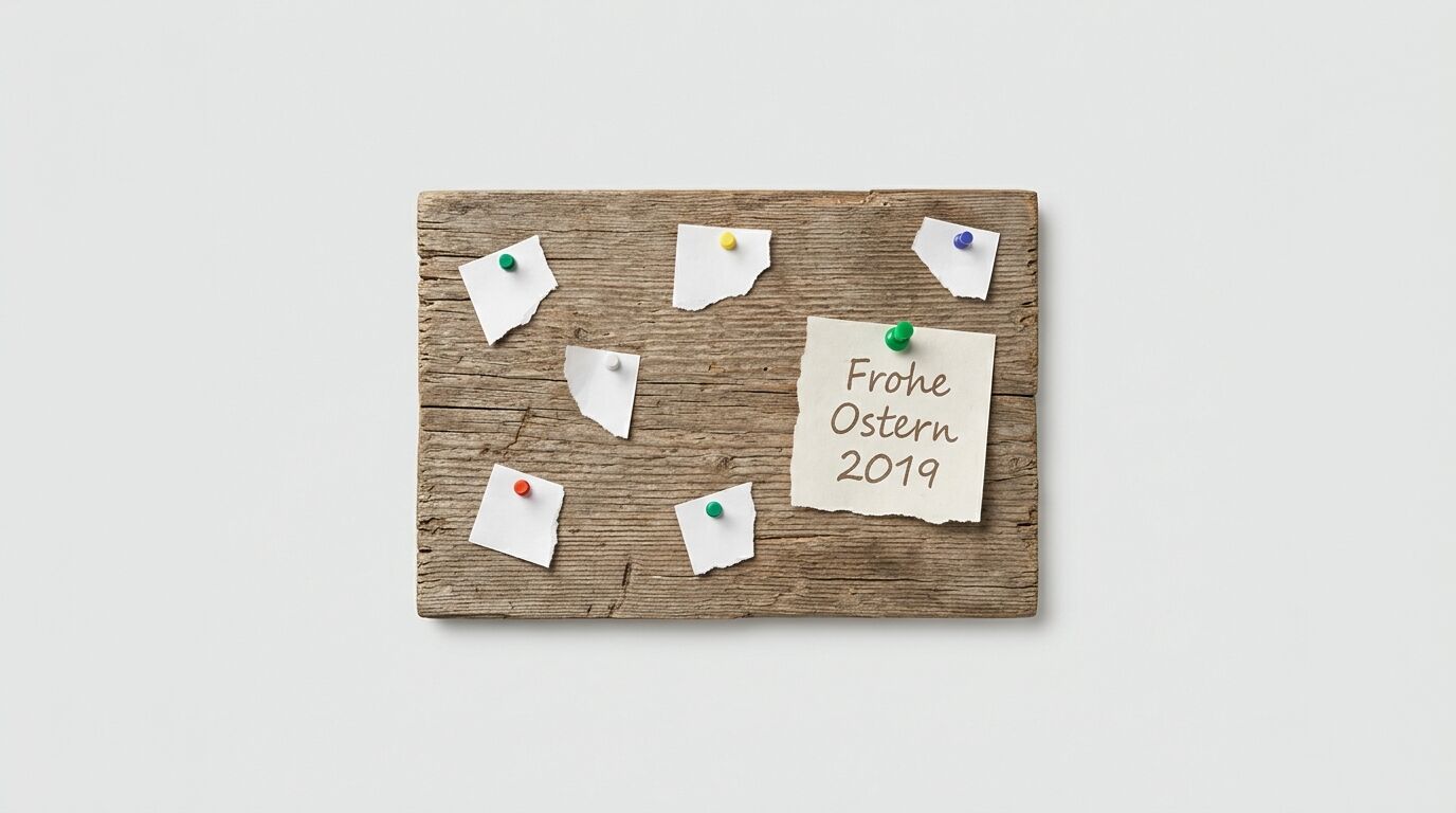 Holzbrett mit weißen Notizzetteln und farbigen Pins. Zentral ein Zettel mit "Frohe Ostern 2019"