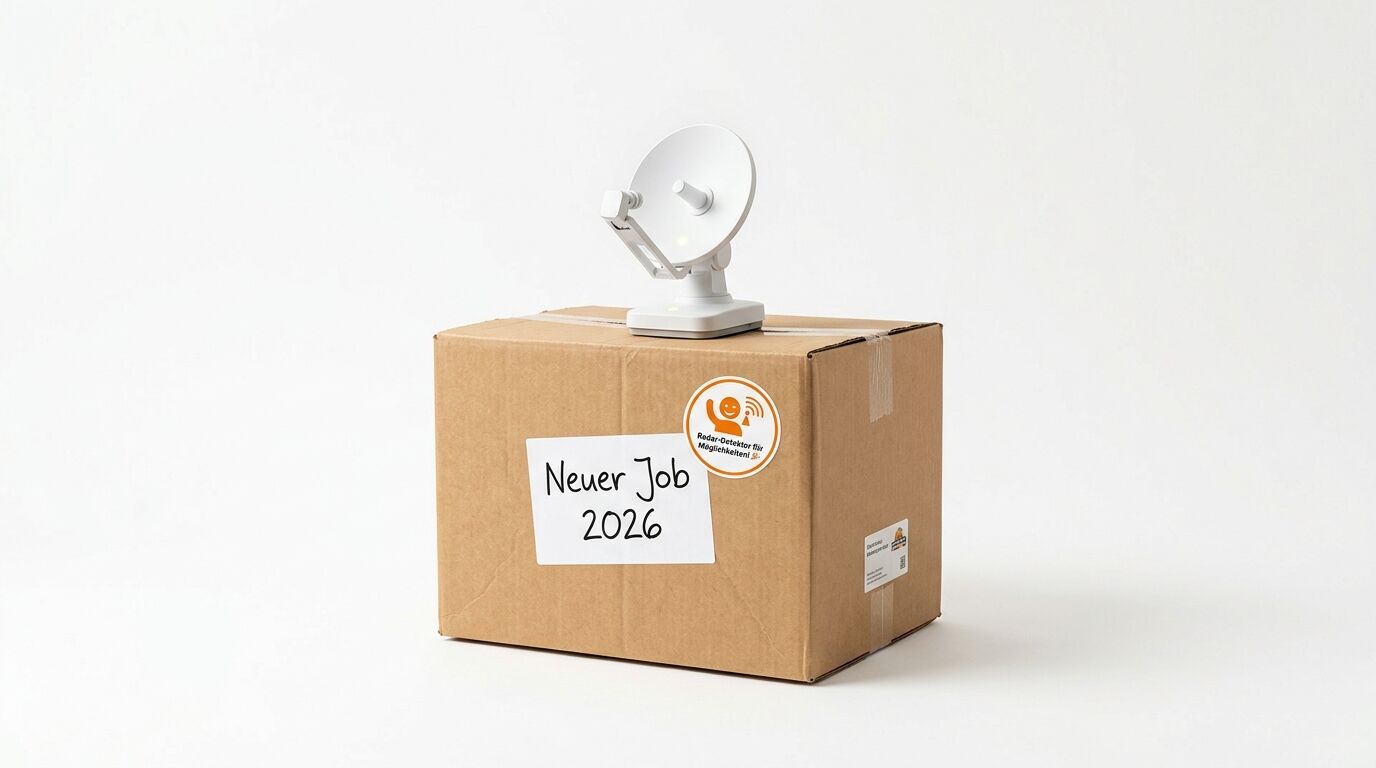 Pappkarton mit Aufschrift „Neuer Job 2026“ und einer Satellitenschüssel obenauf vor weißem Grund