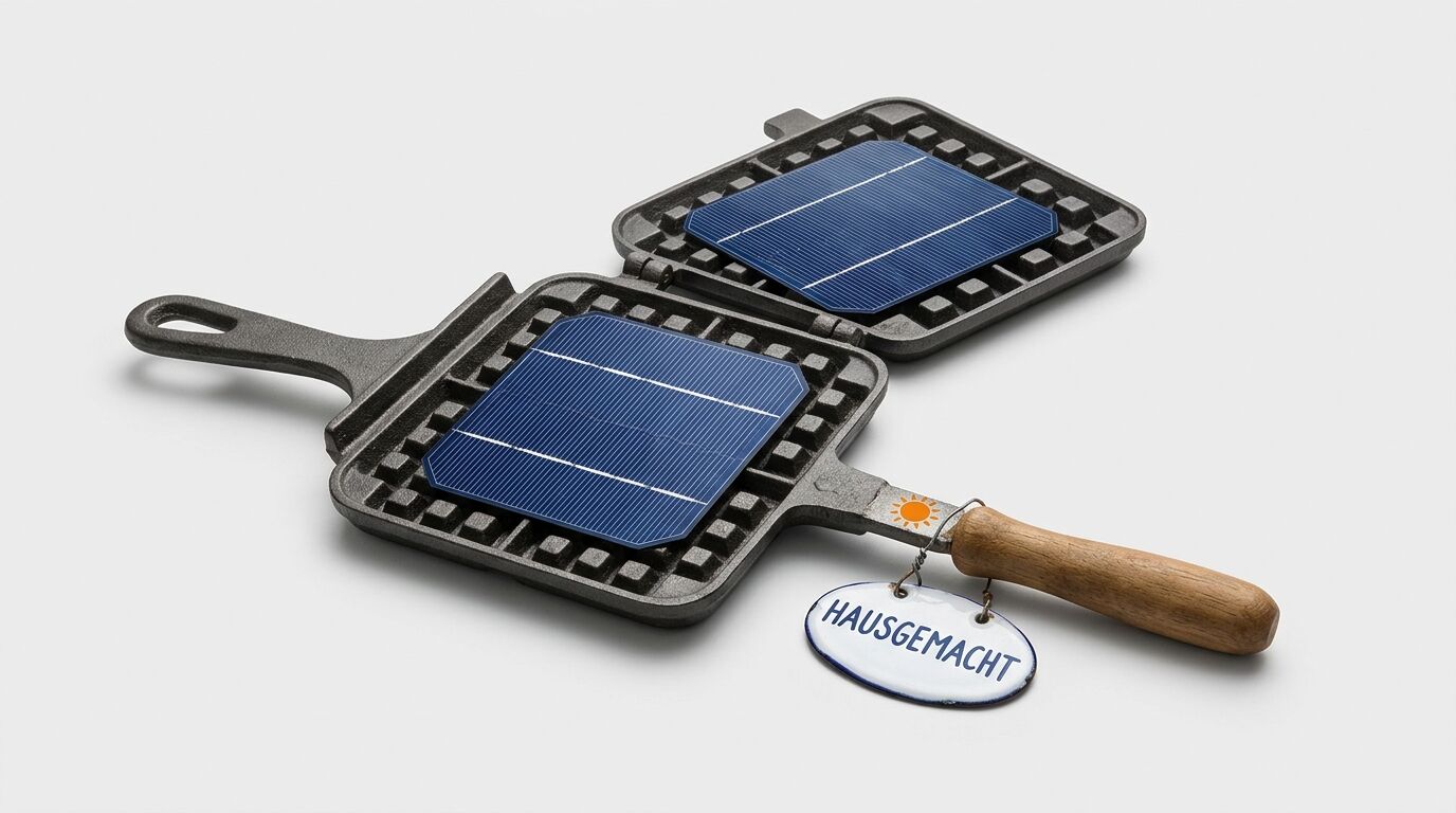 Offenes Gusseisen-Waffeleisen mit zwei Solarzellen und Anhänger „Hausgemacht“