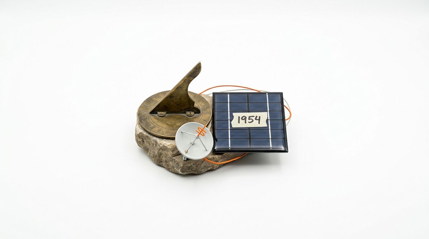 Sonnenuhr, Satellitenschüssel und Solarpanel auf einem Stein