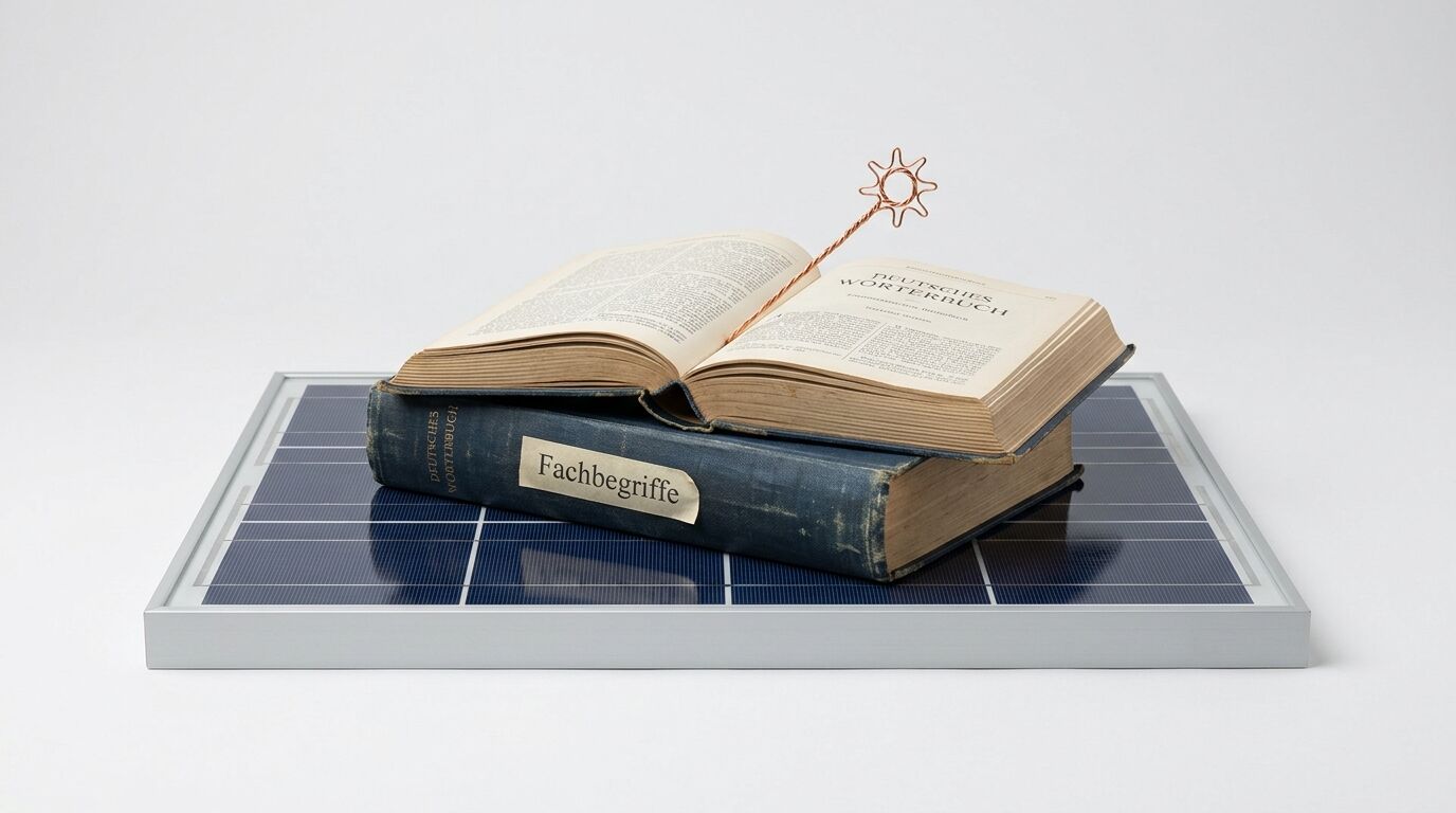 Zwei Bücher auf Solarmodul mit Drahtsonne. Ein Buch offen, eins beschriftet: „Fachbegriffe“
