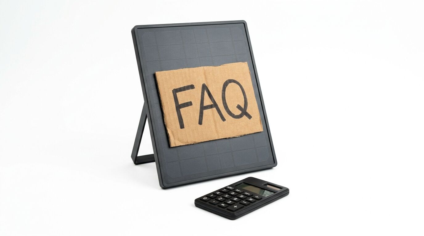 Solarpanel mit FAQ-Karton und Taschenrechner auf weißem Grund