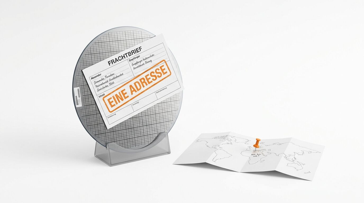 Wafer im Halter mit „FRACHTBRIEF“ und Stempel „EINE ADRESSE“, daneben gefaltete Weltkarte mit Pin