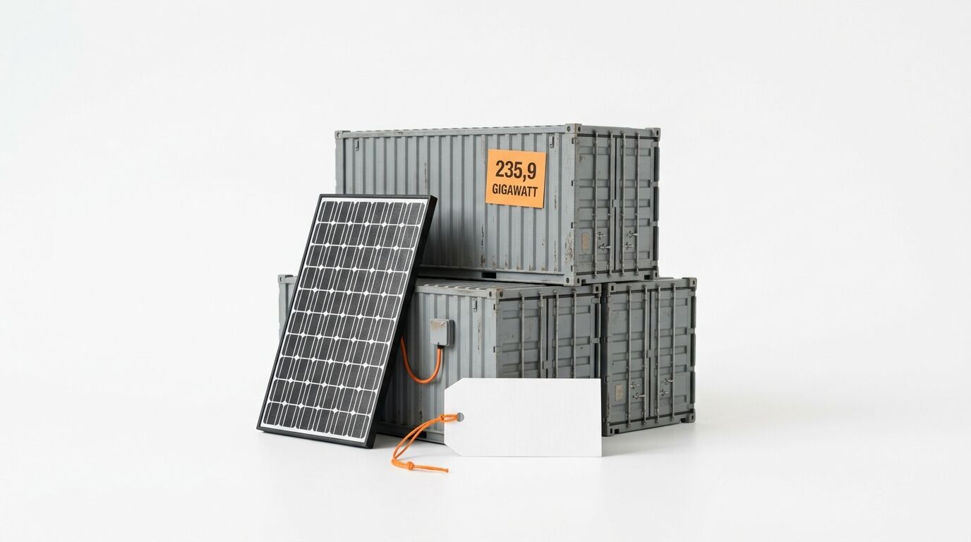 Container, Solarpanel, Etiketten: 235,9 GIGAWATT, weiß, weißer Hintergrund