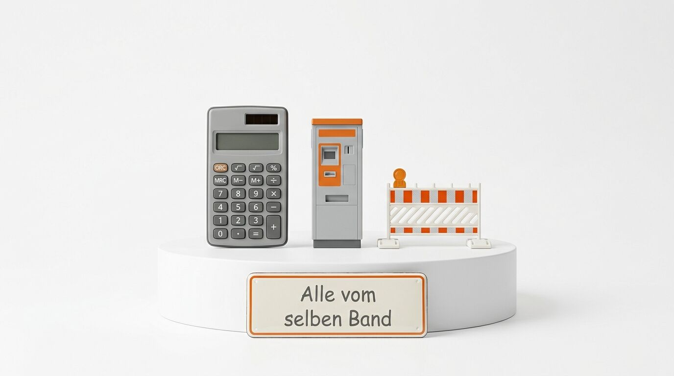 Miniaturmodelle von Taschenrechner, Automat, Barriere und Schild auf Podest