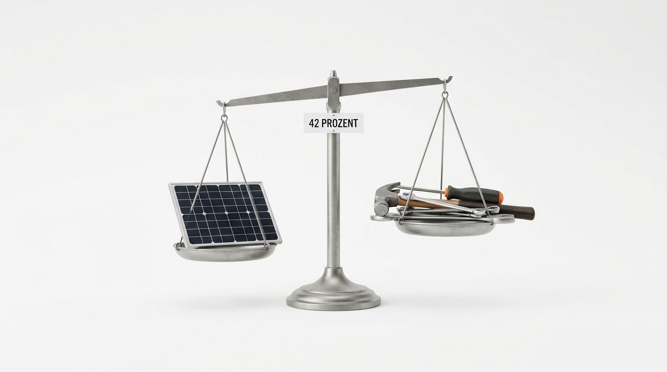 Waage mit Solarpanel links und Werkzeugen rechts; Schild „42 PROZENT“ im Zentrum, auf Weiß