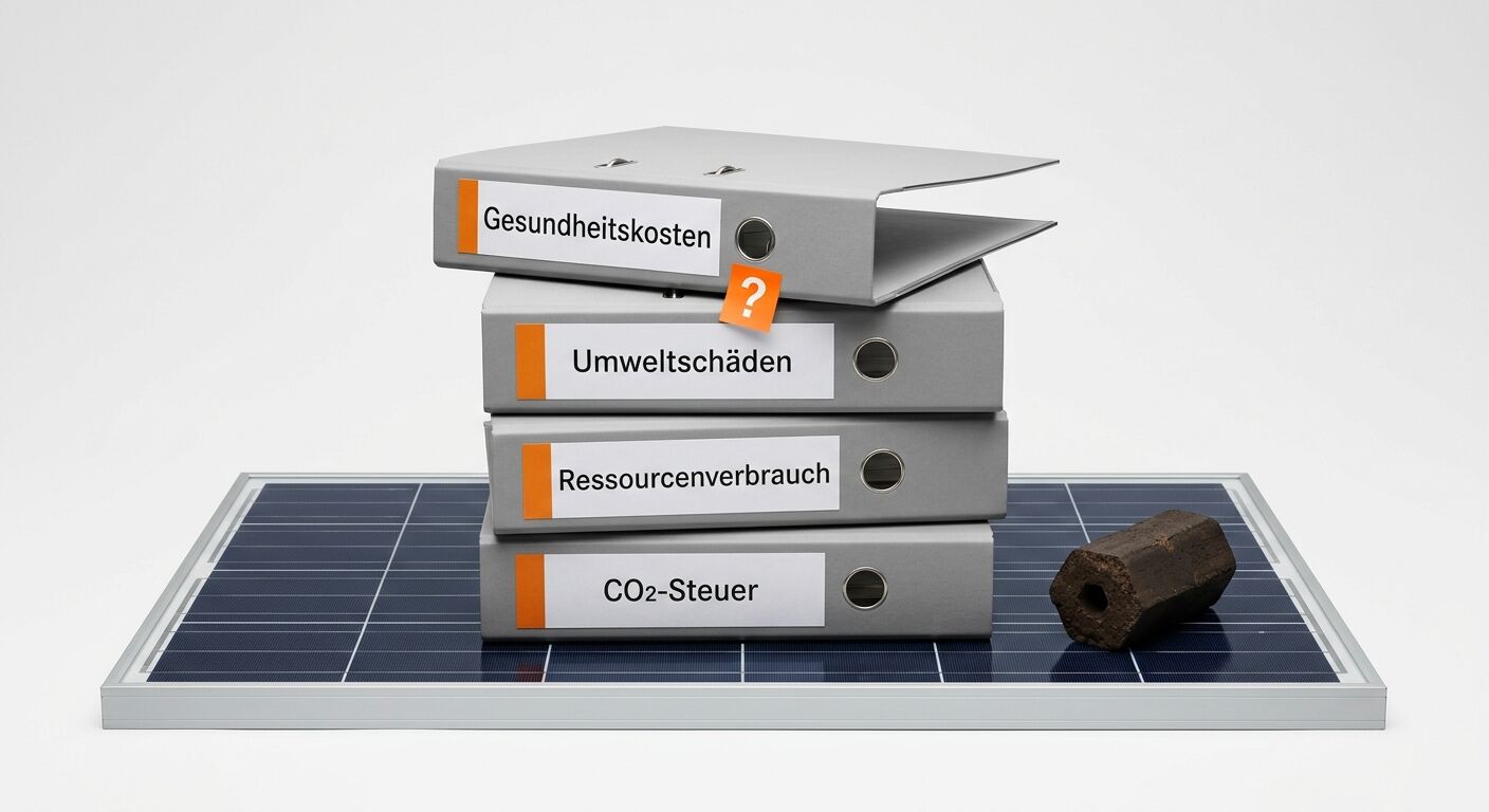 Beschriftete Aktenstapel auf Solarpanel, daneben Brikett und Fragezeichen vor weißem Hintergrund