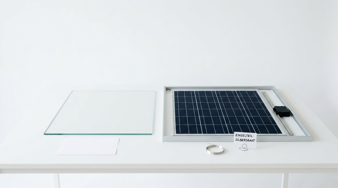 Ein Solarmodul, eine Glasplatte und Zubehörteile auf einem weißen Tisch