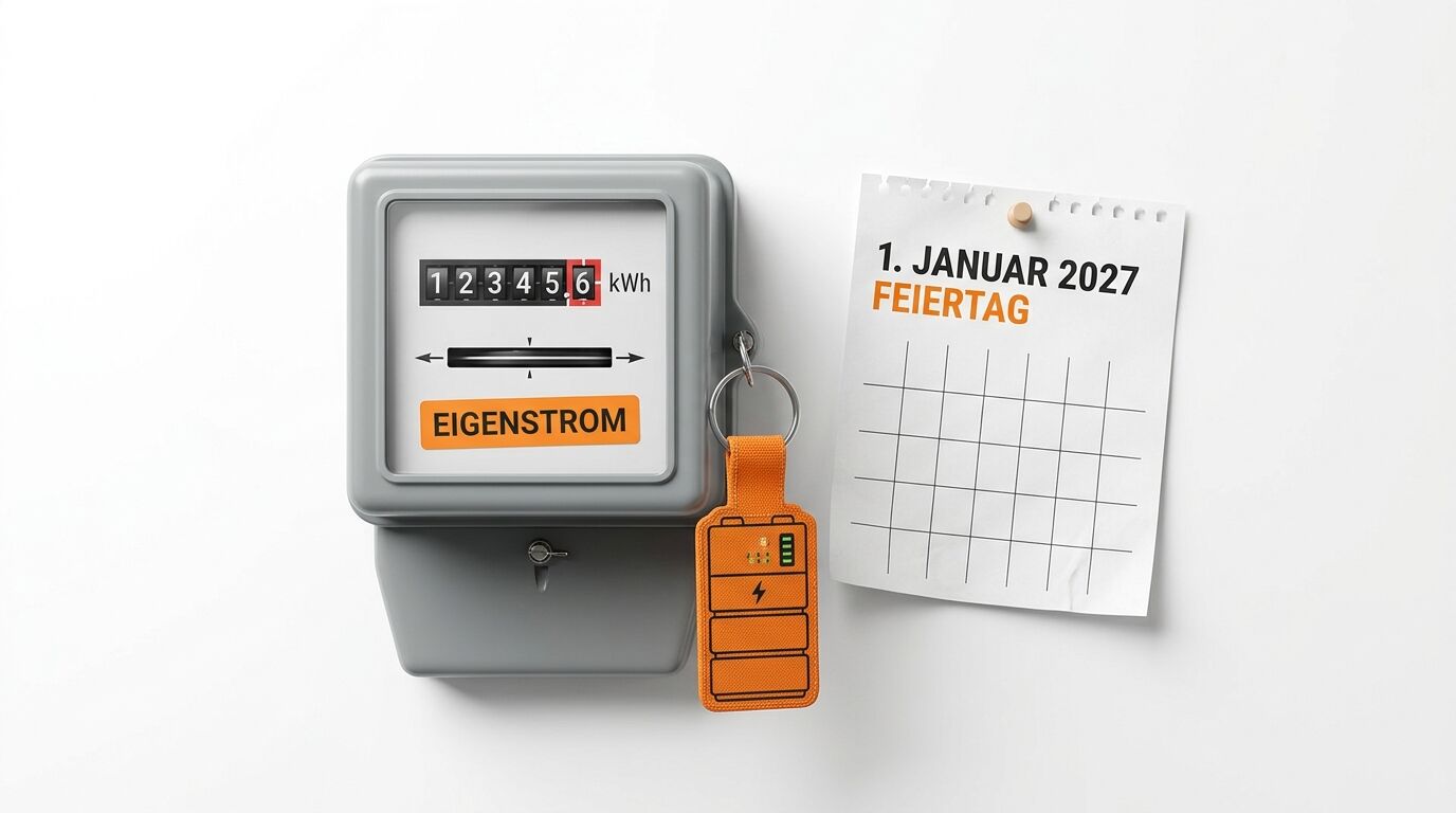 Grauer Stromzähler mit Label „Eigenstrom“ neben Kalenderblatt „1. Januar 2027“ auf Weiß
