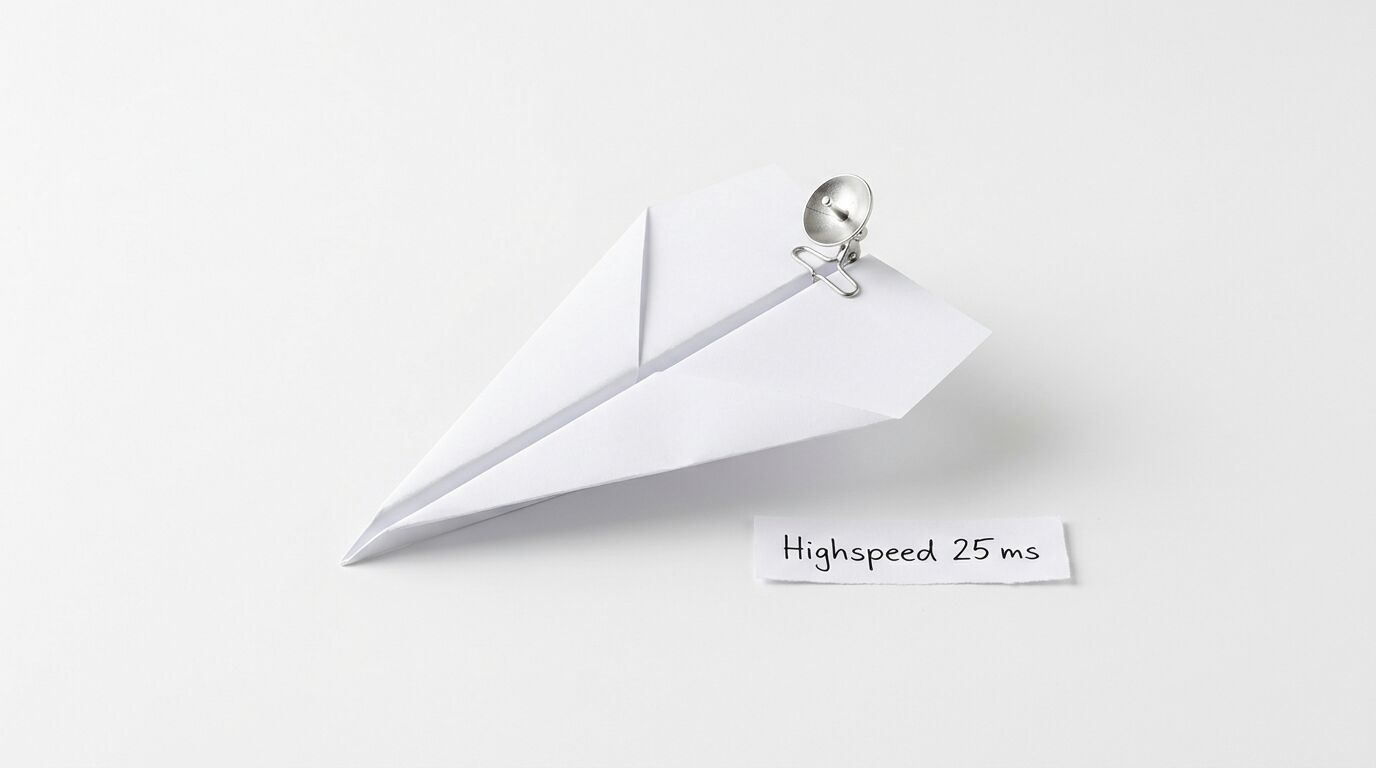 Papierflieger mit Satellitenschüssel-Klammer und Zettel „Highspeed 25 ms“