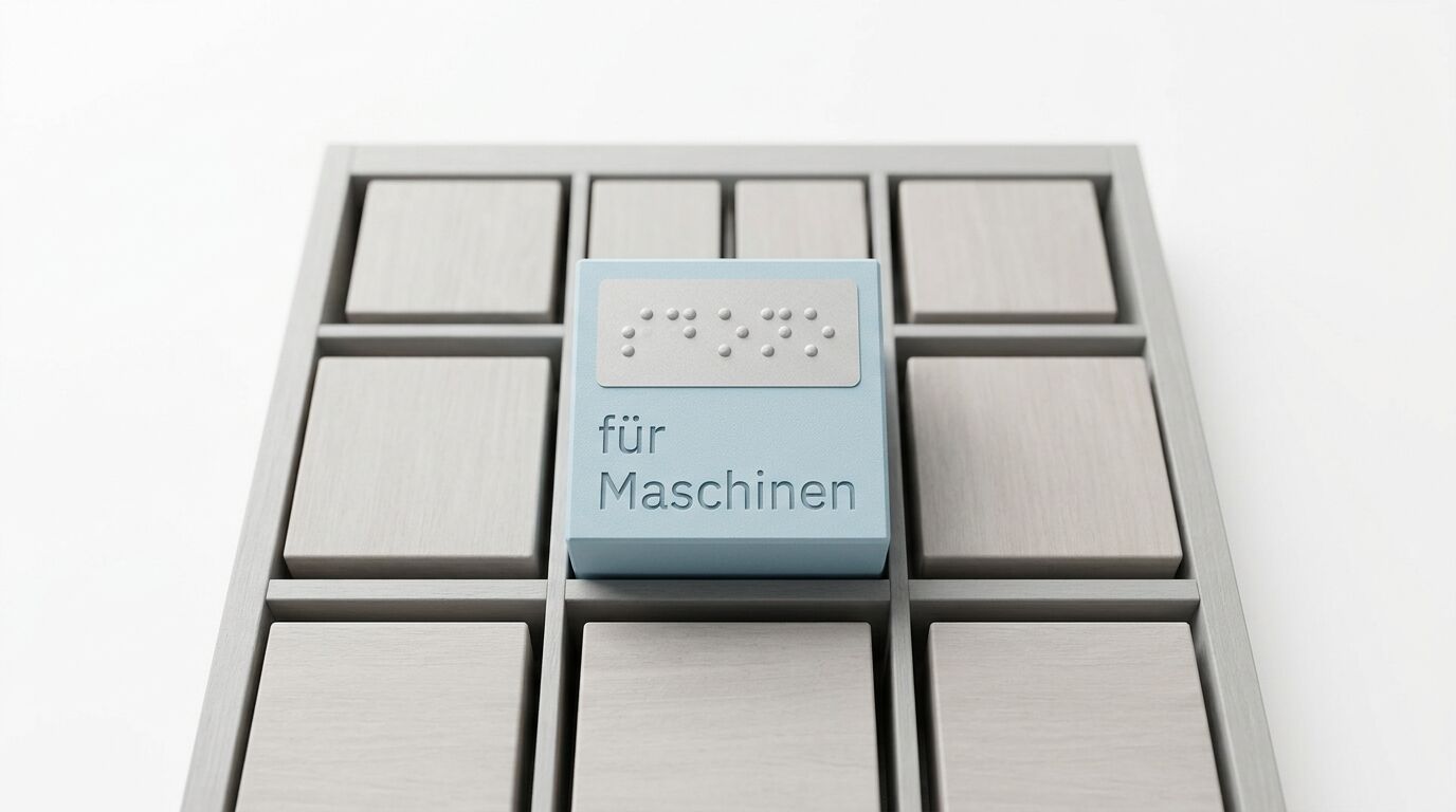 Holzwürfel in Raster. Mittelwürfel hellblau mit Braille und Text „für Maschinen“