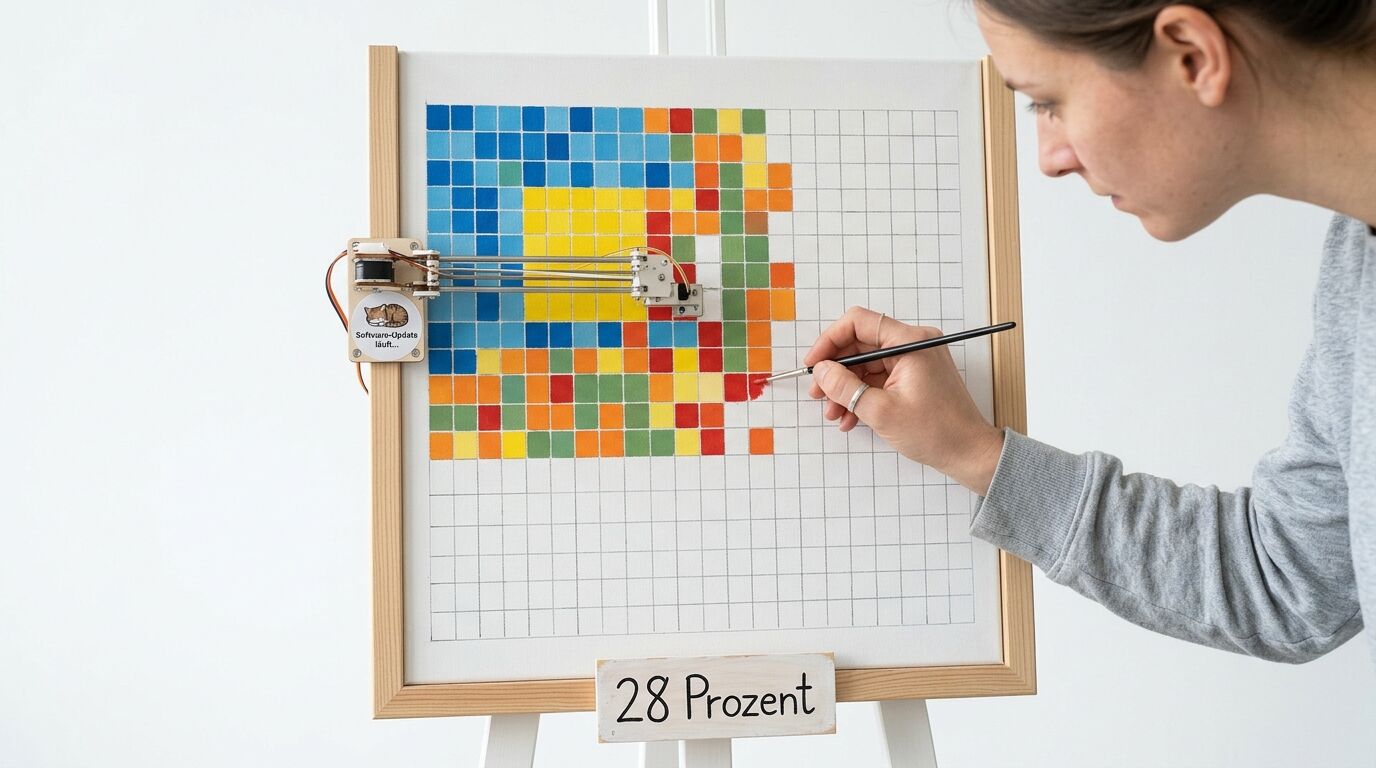 Eine Frau malte mit Pinsel und Roboterarm ein Mosaik auf eine Staffelei, 28 Prozent geschafft