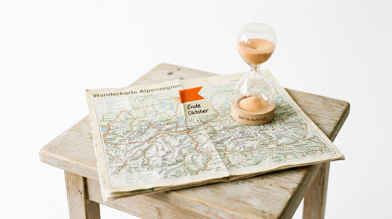 Wanderkarte der Alpenregion mit Sanduhr und orangefarbener Markierungsfahne auf einem Holzstuhl
