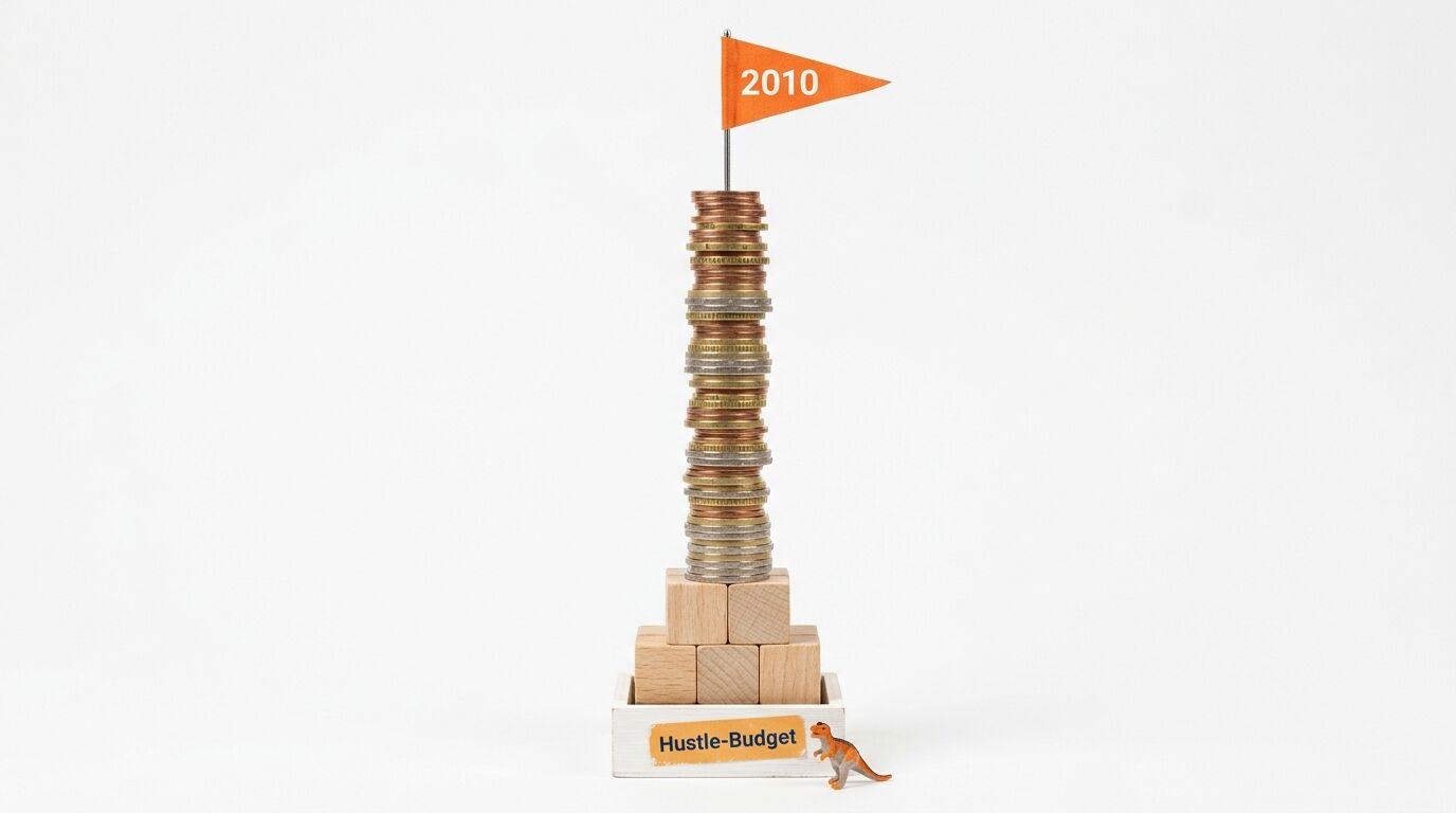 Ein Turm aus Münzen auf Bauklötzen, daneben ein Dino-Modell und eine Wimpelfahne