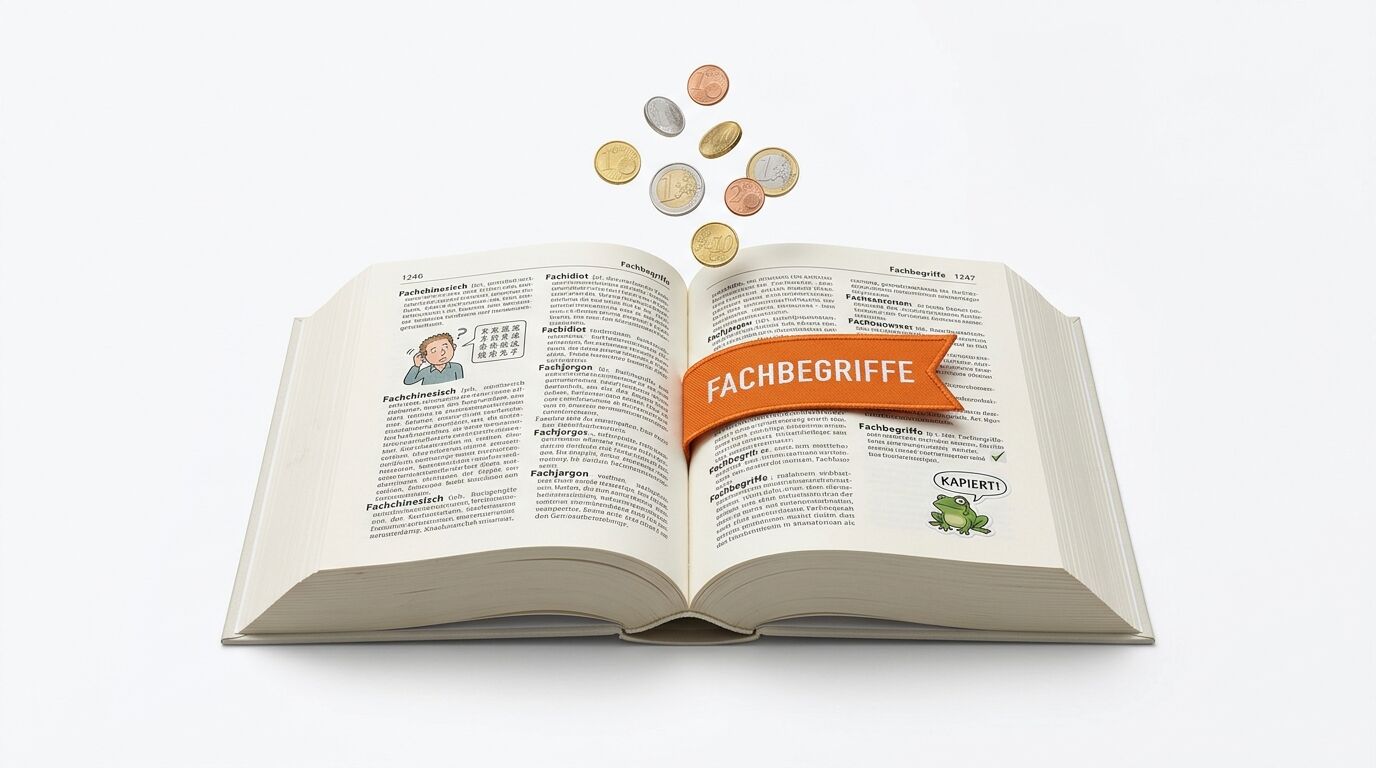 Aufgeschlagenes Buch mit einem Lesezeichen „FACHBEGRIFFE“, einer Froschfigur und fliegenden Münzen