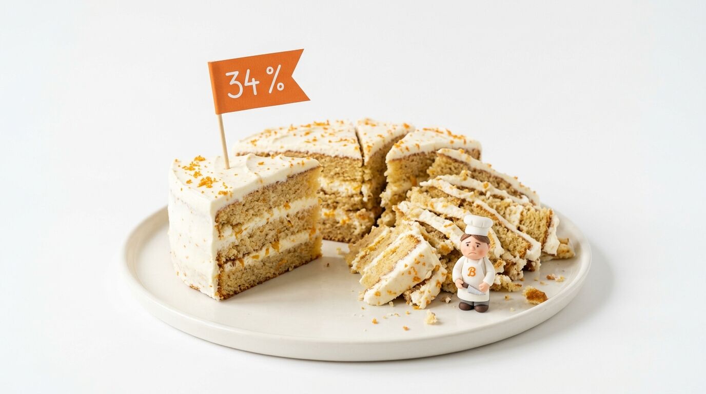 Rüeblitorte, teils aufgeschnitten, mit 34%-Fähnchen und Bäckerfigur auf einem Teller