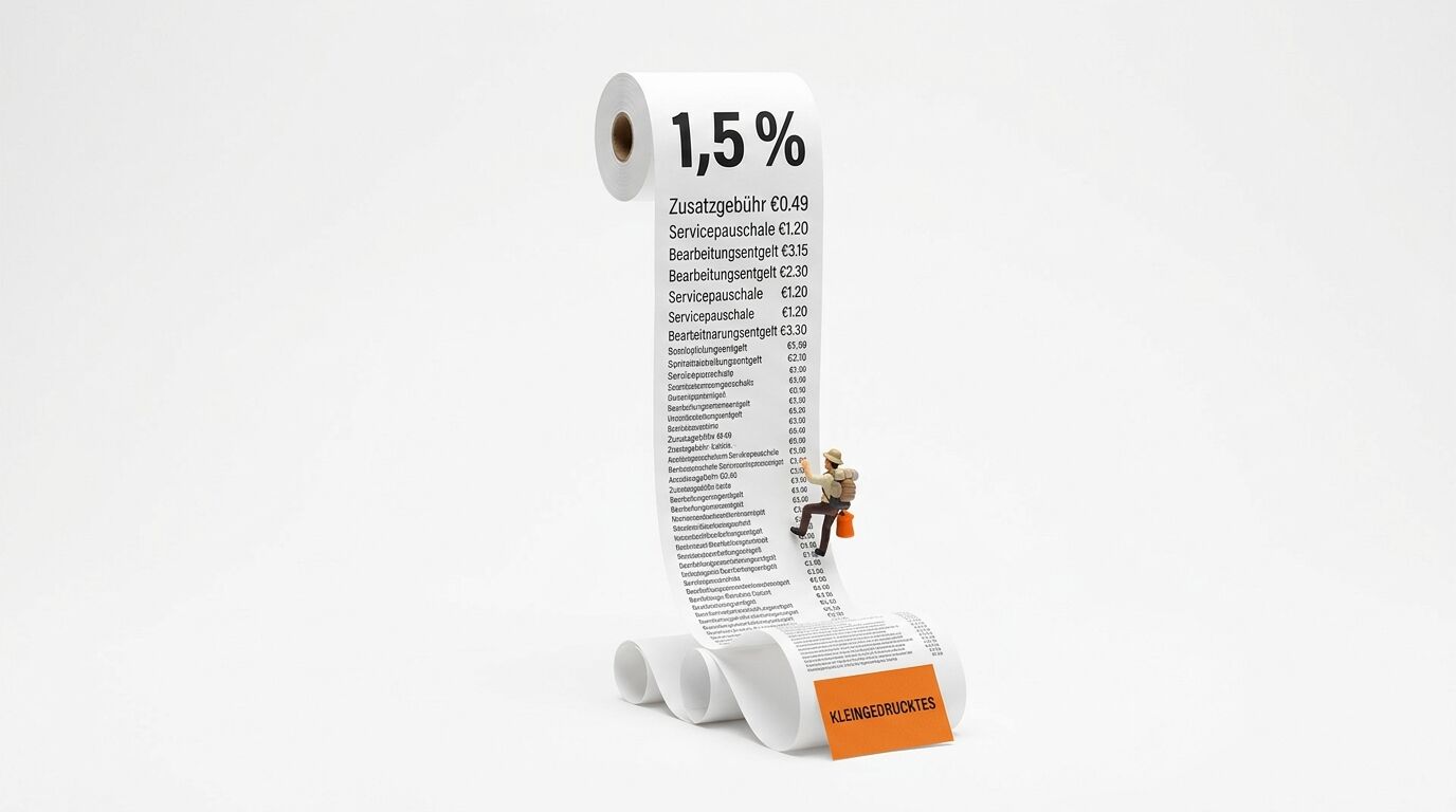 Miniatur-Wanderer klettert an Papierrolle mit langer Gebührenliste hoch, vor weißem Hintergrund