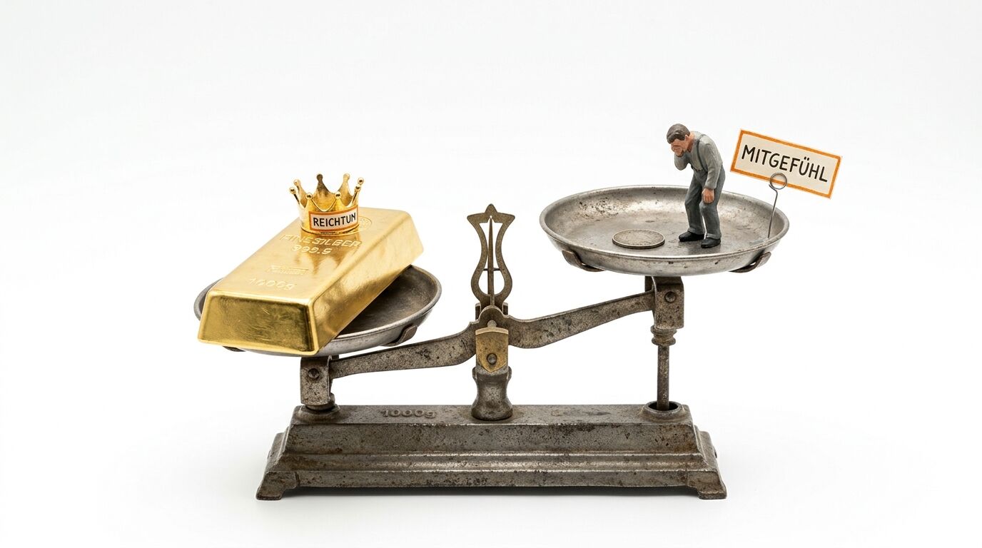 Alte Waage: Goldbarren mit Krone drückt „REICHTUM“; Figur mit Münze wiegt „MITGEFÜHL“