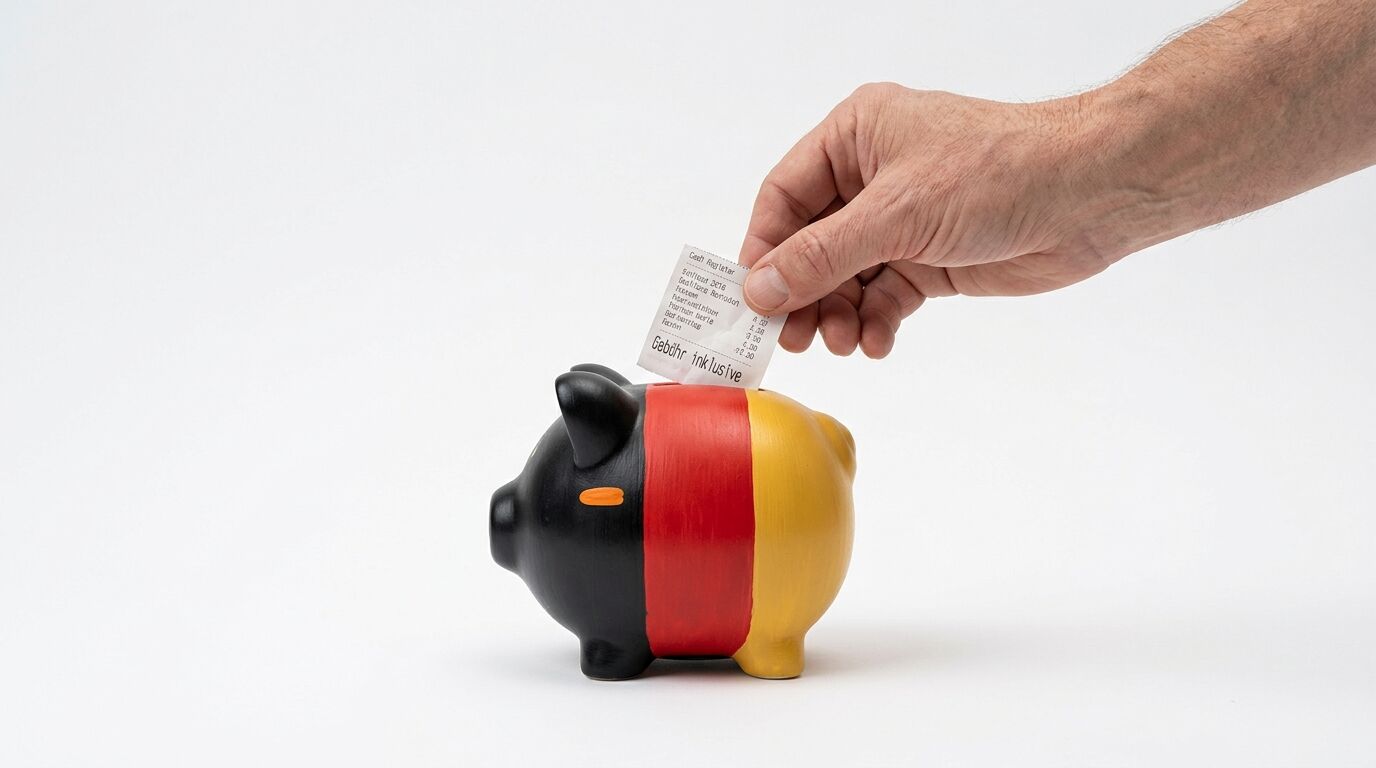 Hand steckt Beleg in Sparschwein in Deutschland-Farben (schwarz, rot, gold)