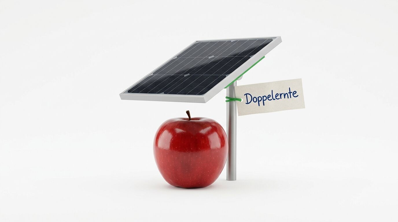 Ein roter Apfel unter einem Solarmodul mit einem Etikett „Doppelernte“ auf weißem Grund