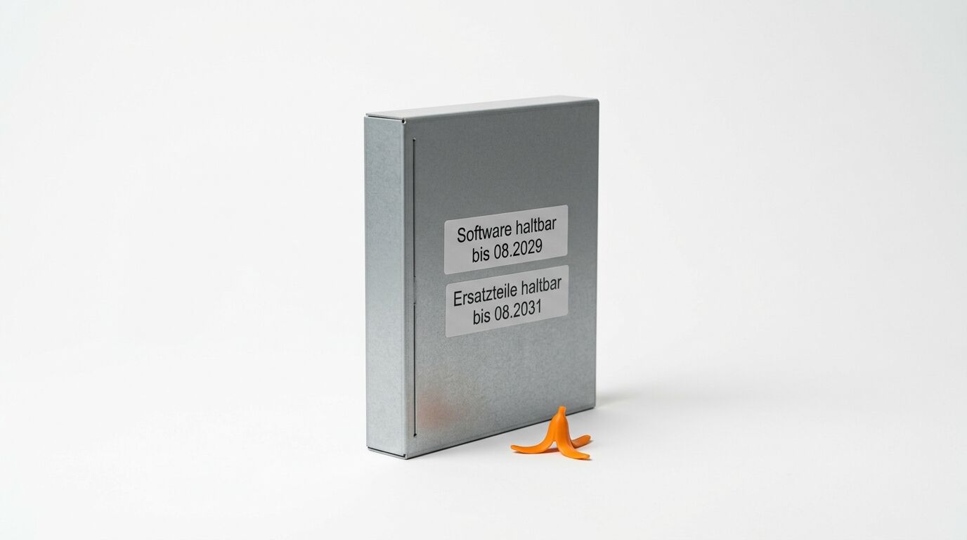 Silberne Box mit Haltbarkeitsstickern vor weißem Hintergrund. Eine orangefarbene Schale liegt davor