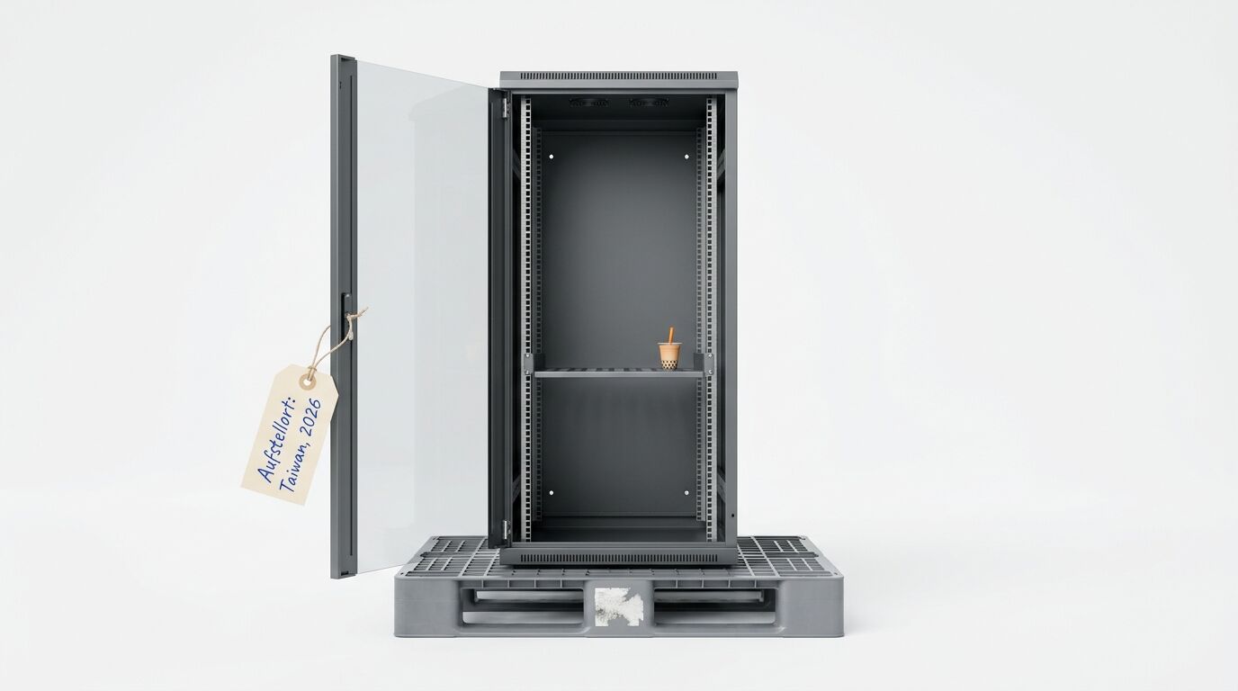 Ein Serverschrank mit Bubble Tea und einem Schild „Taiwan, 2026“ steht auf einer Palette vor Weiß