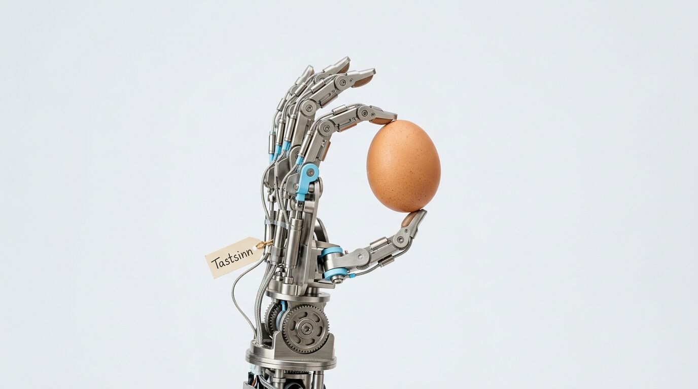 Roboterhand hält braunes Ei vor weißem Hintergrund mit Schildchen „Tastsinn“