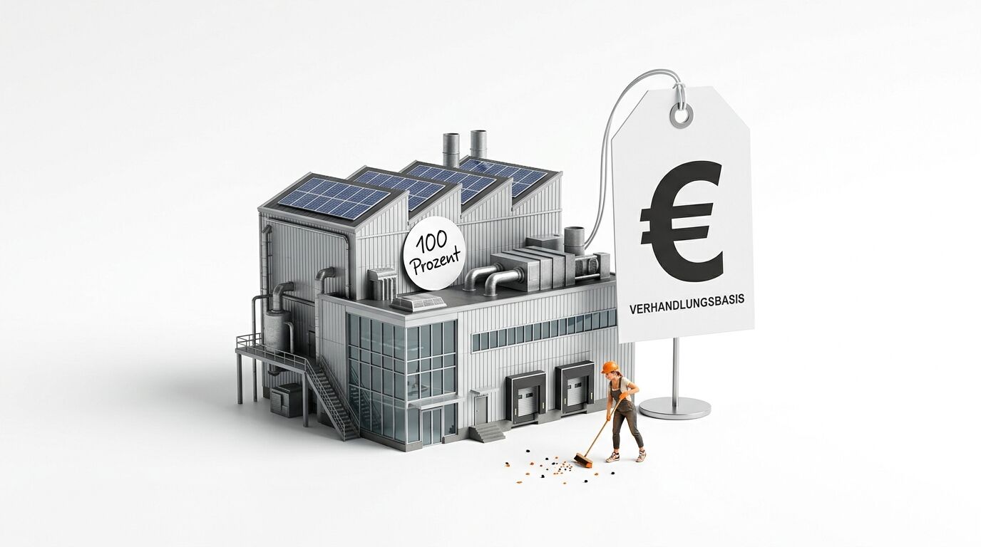Miniaturmodell einer Fabrik mit Solardach und Preisschild neben einer fegenden Arbeiterfigur