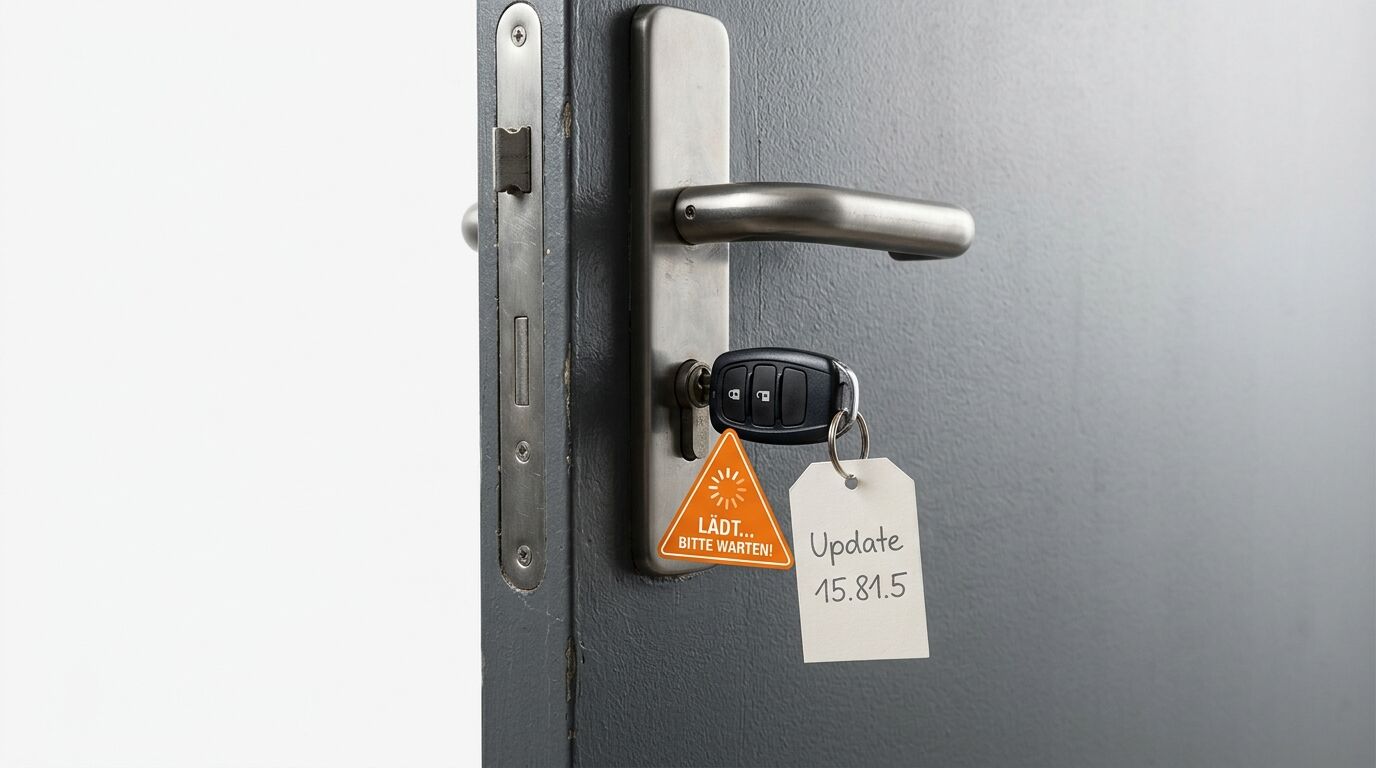 Schlüssel mit Update-Anhängern steckt in Türschloss, daneben Türklinke