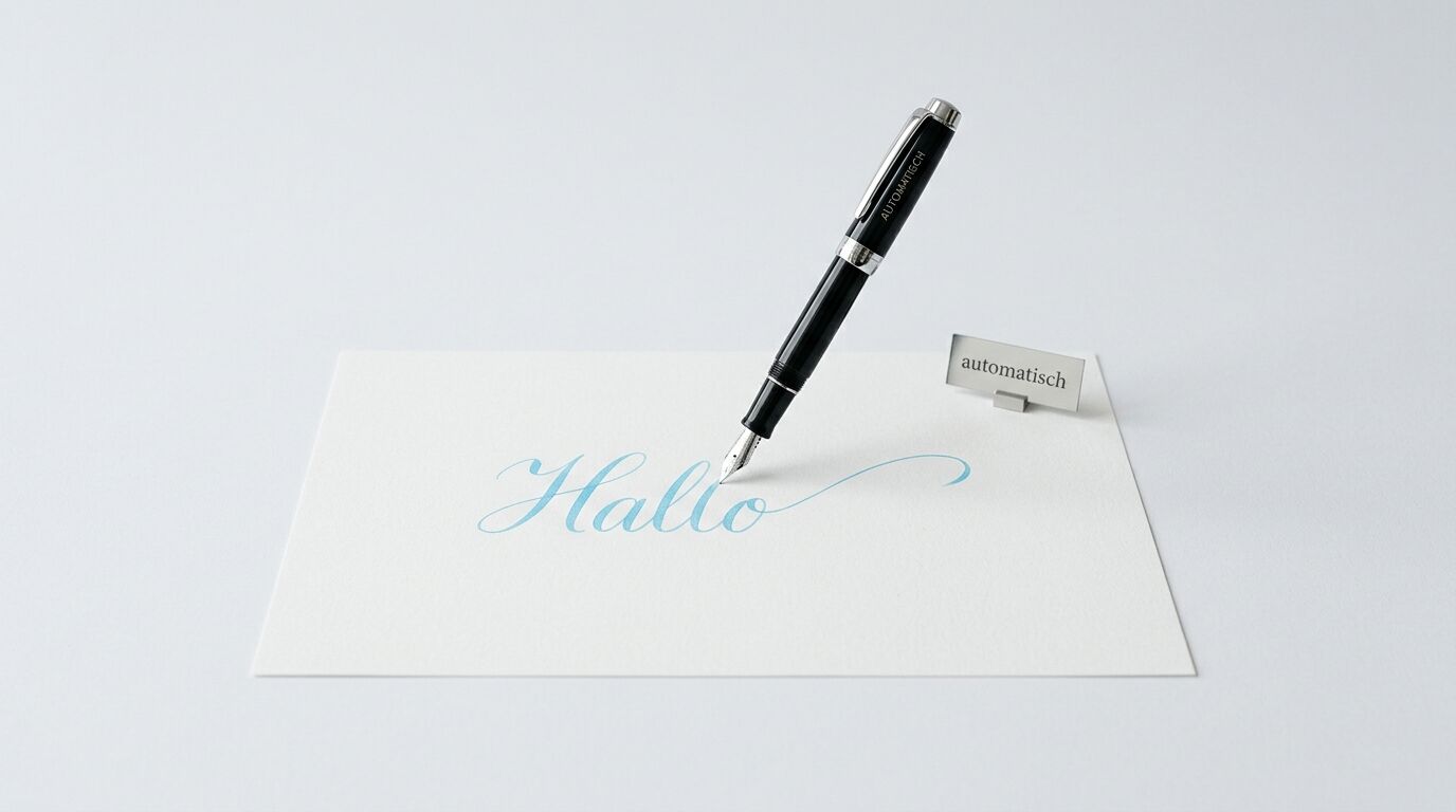 Schwarzer Füller auf Karte mit blauem „Hallo“ in Schreibschrift und „automatisch“-Schild