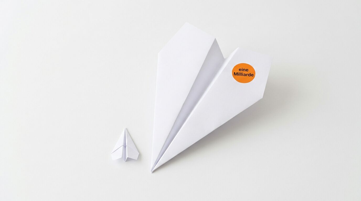 Zwei weiße Papierflugzeuge auf weißem Grund. Auf dem größeren klebt ein oranger Punkt mit Text
