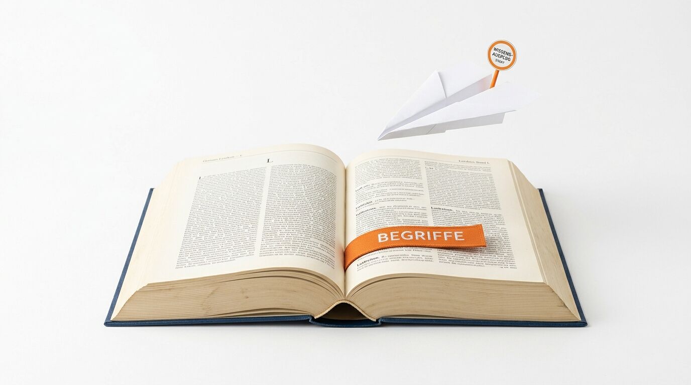 Offenes Buch, orangefarbene Klammer mit „Begriffe“, fliegendes Papierflugzeug