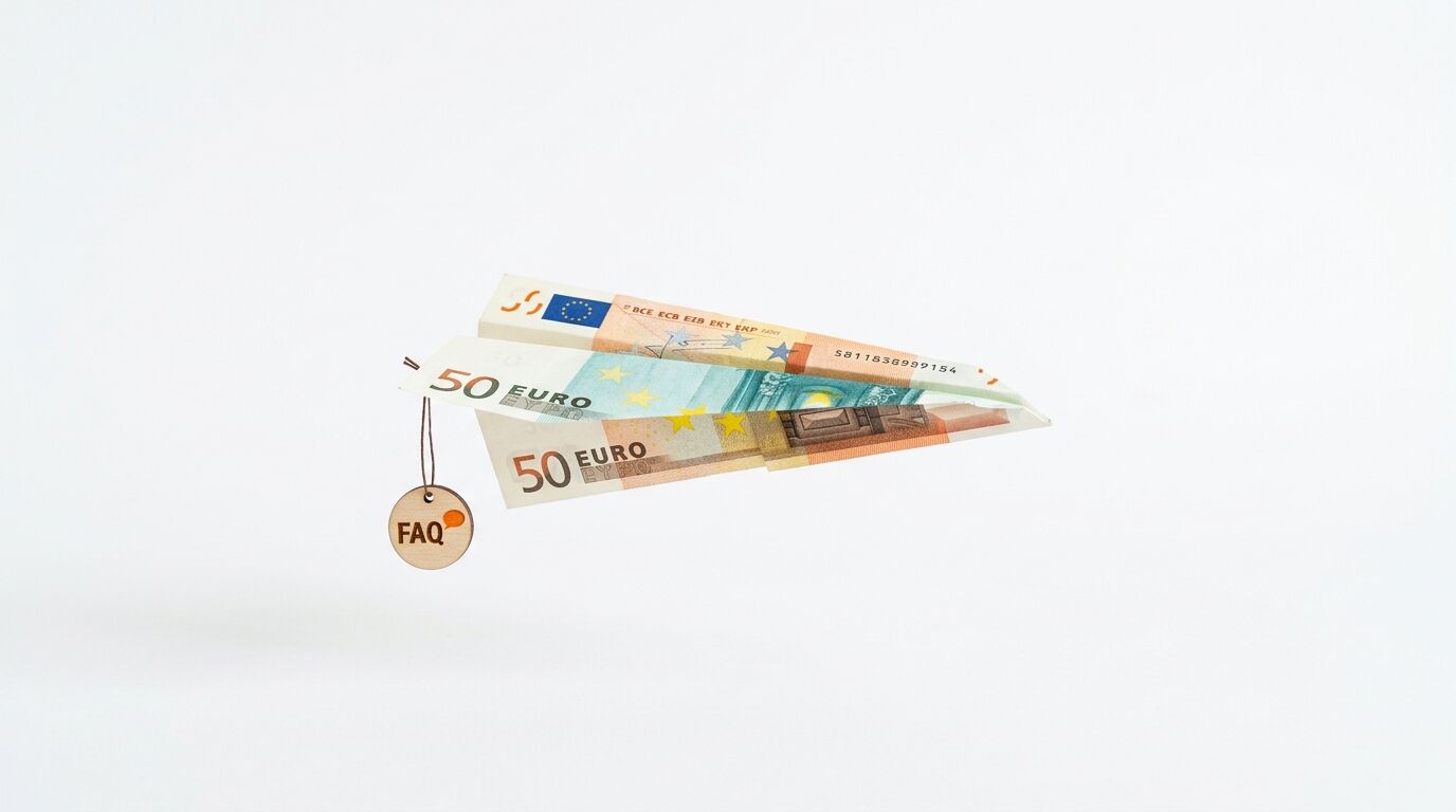 Papierflieger aus 50-Euro-Geldscheinen mit FAQ-Anhänger vor weißem Hintergrund