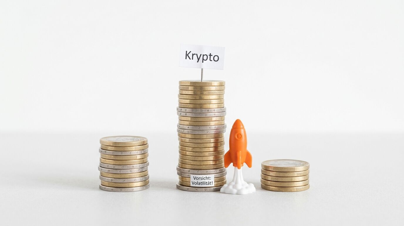 Münzstapel, Rakete und Warnhinweise zum Thema Krypto vor weißem Hintergrund