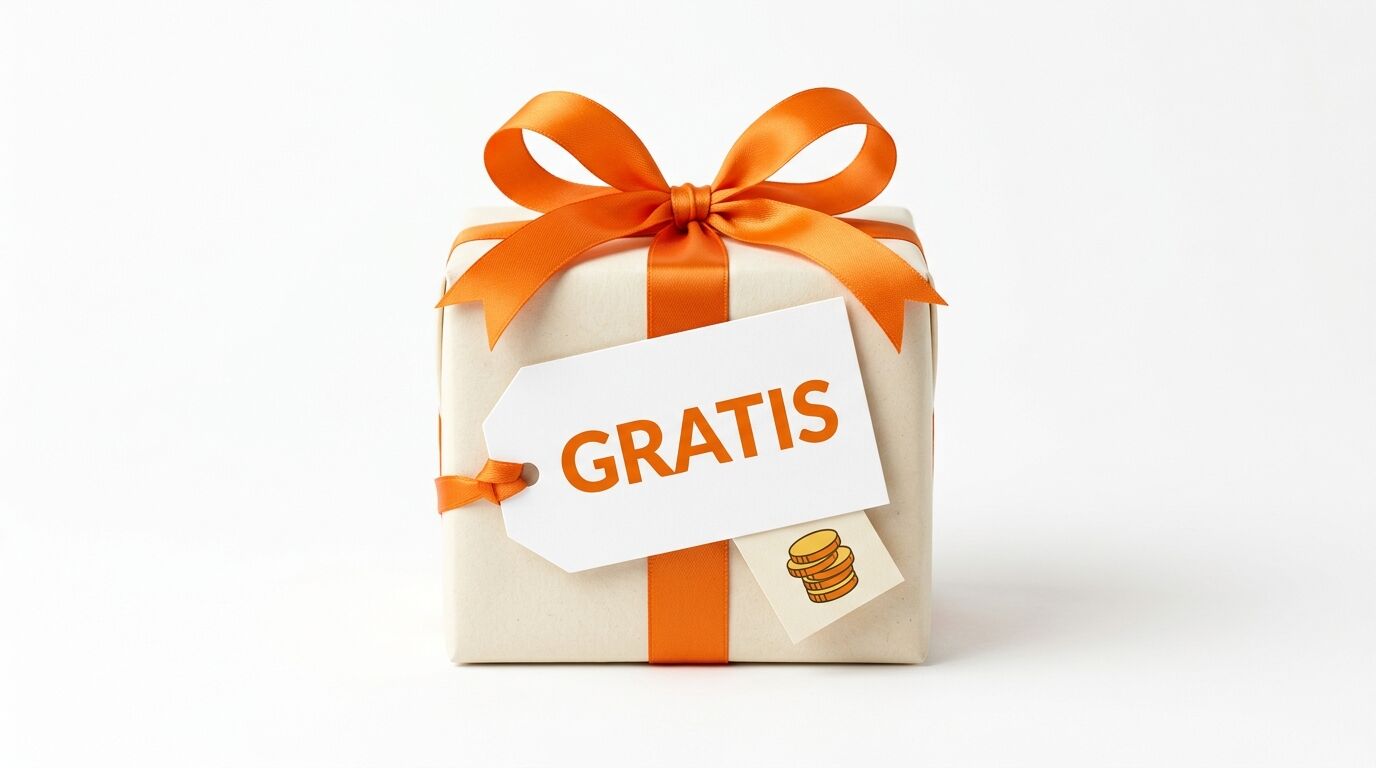 Ein Geschenkpaket mit orangefarbener Schleife und Anhänger mit der Aufschrift „GRATIS“