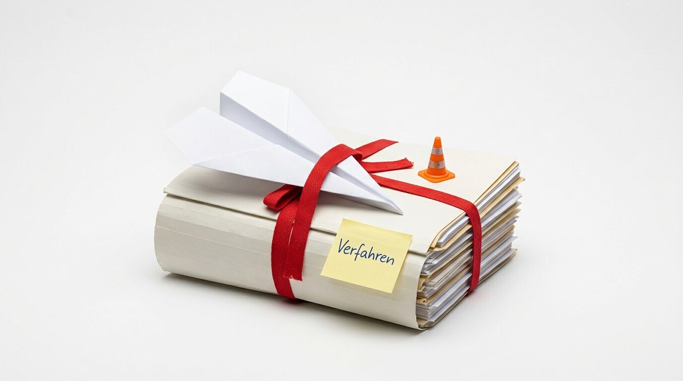 Aktenstapel mit rotem Band, Papierflieger, Verkehrskegel und Haftnotiz „Verfahren“