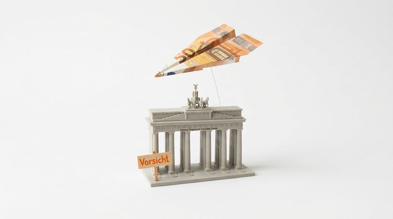 Brandenburger Tor-Modell mit Geldschein-Flugzeug und „Vorsicht“-Schild auf weiß
