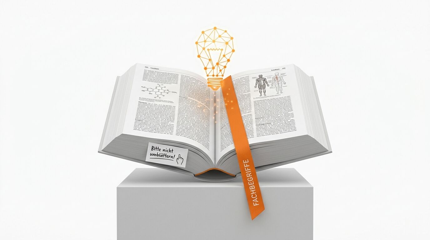 Aufgeschlagenes Fachbuch mit Glühbirnen-Symbol und orangefarbenem Lesezeichen